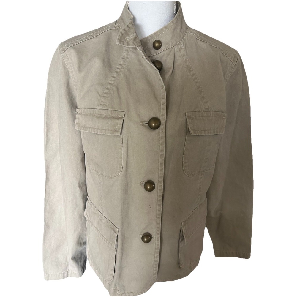 VTG Y2K Liz Claiborne Khaki Blazer Barn Jacket Tailored Military Brass‎ Women 14